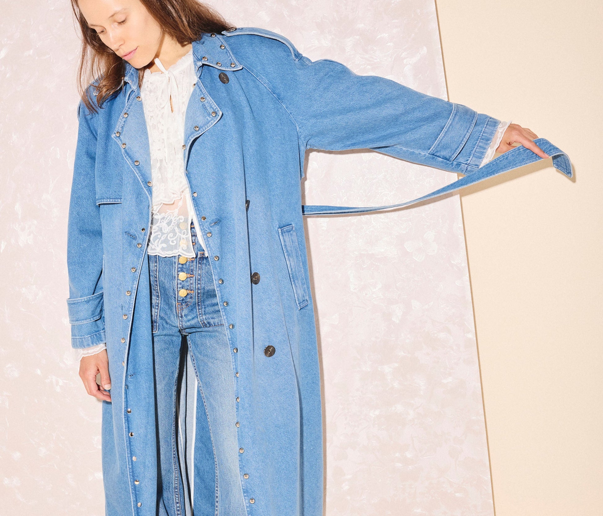 FREDA SALVADOR FS x DEREK LAM 10 CROSBY STUDDED DENIM TRENCH COAT