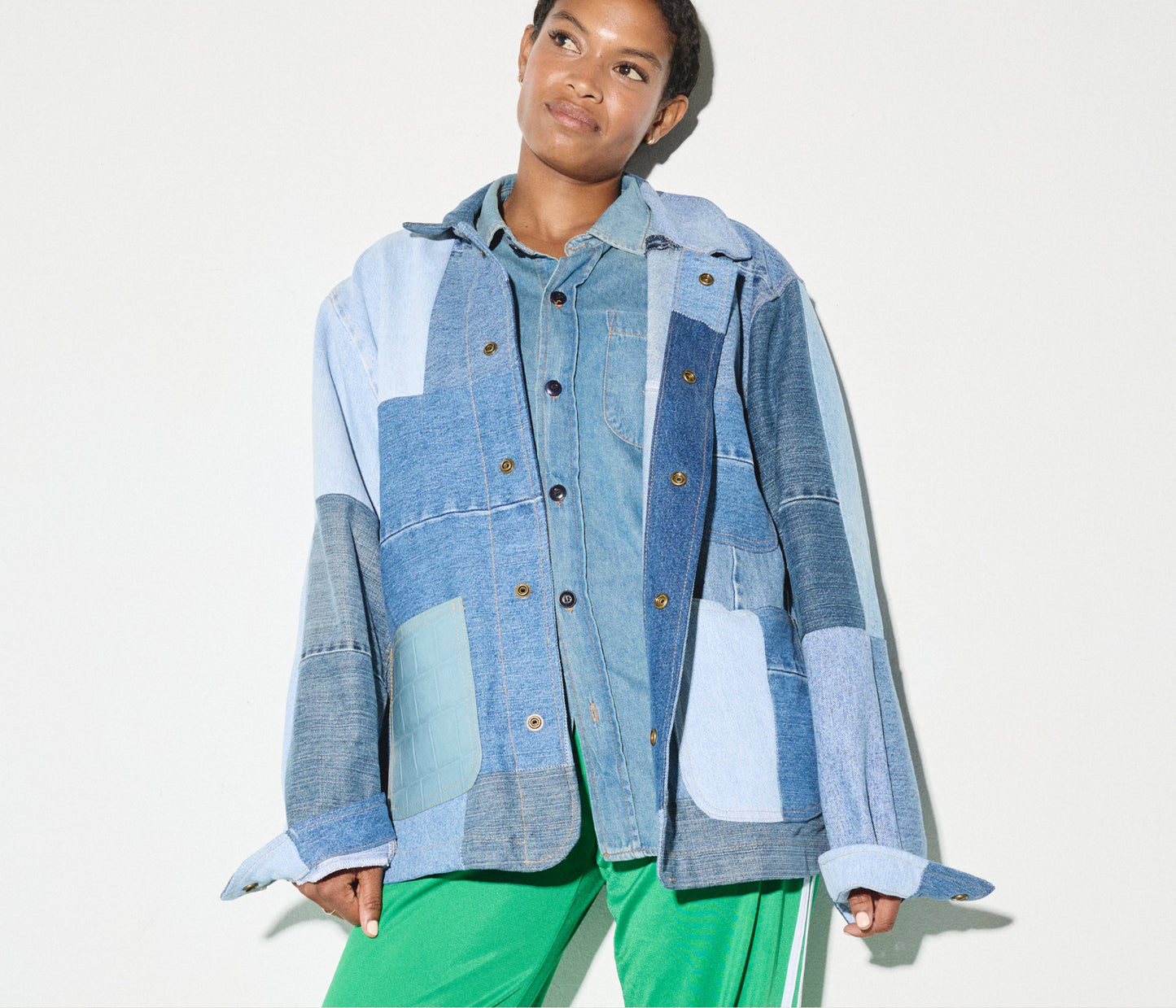 FREDA SALVADOR PATCHWORK DENIM CHORE COAT