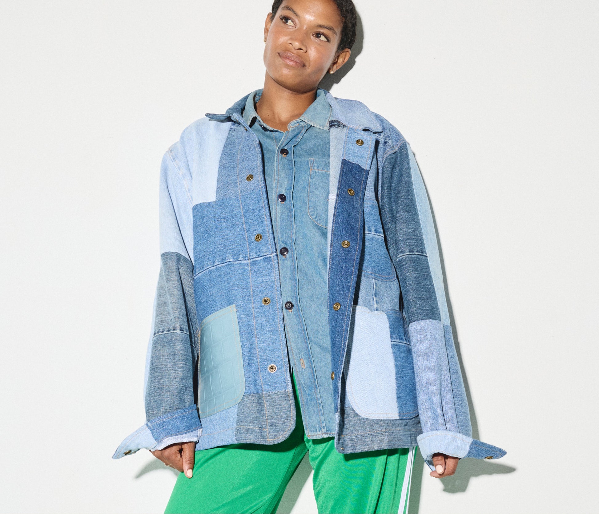 FREDA SALVADOR PATCHWORK DENIM CHORE COAT